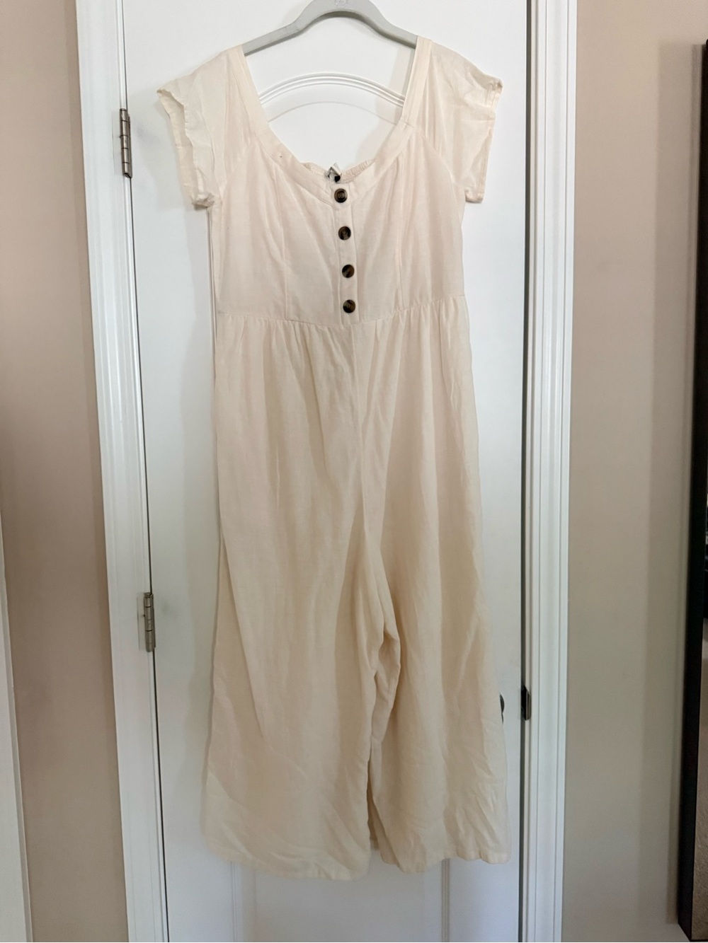Cream Button-Front Wide-Leg Jumpsuit